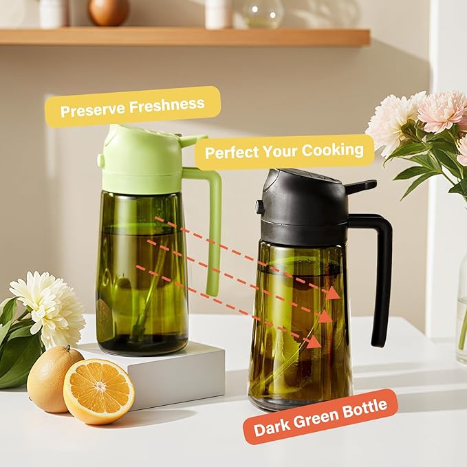 Oil Sprayer for Cooking, Kitchen Goddess 2 in 1 Spray and Pour Olive Oil Dispenser 16oz 450ml Glass Oil Spray Bottle, Mist Olive Oil Dispensing, Air Fryer, Dark Green (black)
