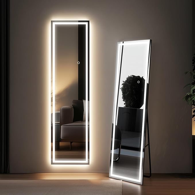 60x16 Frameless Full Length Mirror, Dimmable 3 Color LED Light w/Memory Function, Distortion Free, HD Reflection & Anti Desilvering, Tempered Glass & Shatter Proof Film Doubling Safety