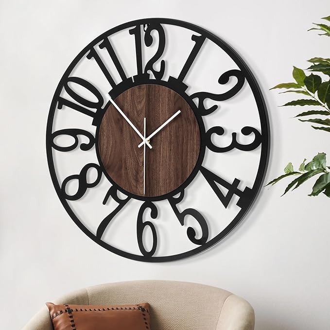 LEIKE Extra Large Wall Clocks,Silent Little Ticking,Battery Operated Vintage Round Modern Wood Wall Clock for Living Room, Bedroom,Farmhouse,Office Home Decor-32 Inch(Black-Arabic Number)