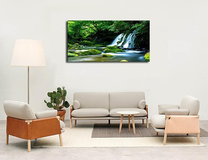 arteWOODS Waterfall Canvas Wall Art Living Room Decoration Large Nature Picture Artwork Modern Landscape Painting Green Forest Prints for Kitchen Office Wall Decor Home Decorations 29" x 58"