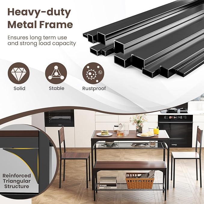 Tangkula Dining Table Set for 4, Kitchen Table and 2 Chairs for 4 with Bench, Additonal Storage Rack, 4 Piece Dining Table Set for Small Space, Apartment