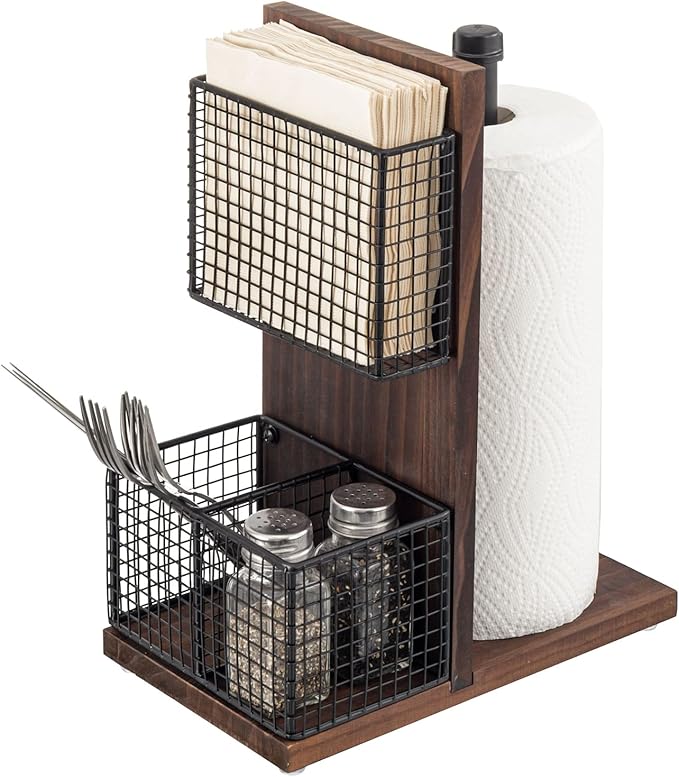 MyGift 3-in-1 Kitchen Organizer with Paper Towel Holder, Napkin Holder & Spice Rack - Rustic Wood & Industrial Metal Pipe Caddy for Farmhouse Dining Table