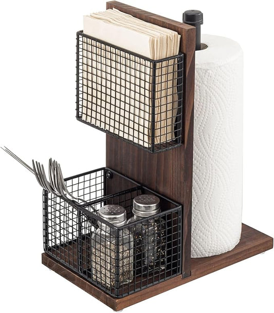 MyGift 3-in-1 Kitchen Organizer with Paper Towel Holder, Napkin Holder & Spice Rack - Rustic Wood & Industrial Metal Pipe Caddy for Farmhouse Dining Table