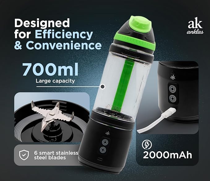 Rechargeable Smoothie Blender 700ml – Portable Mini Travel Blender for Shakes and Smoothies with Six Stainless Steel Blades and USB Charging (Black and Green)