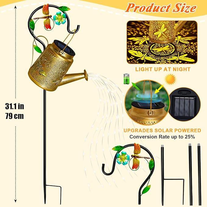 Dragonfly Solar Watering Can Lights, Outdoor Waterproof Outdoor Lantern with Shepherd Hook, Solar Garden Decor for Yard Outdoor Landscape Patio, Mothers Day Gifts Gift for Women Mom Grandma