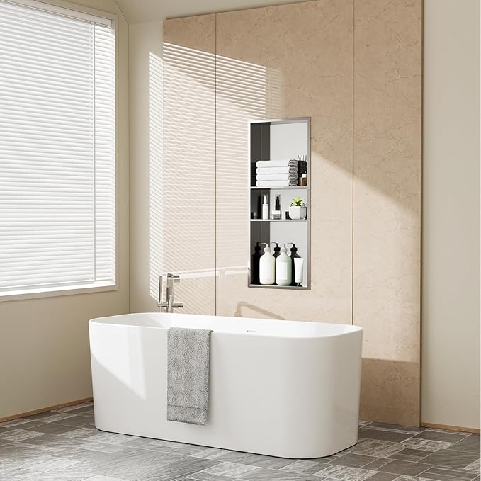 Stainless Steel Shower Niche 12" x 30" – Recessed Wall Niche with 3-Tier Storage, Waterproof & Rustproof Modern Bathroom Shower Shelf (Brushed Nickel)