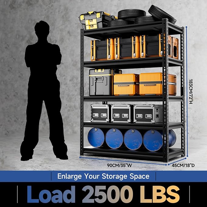 5-Tier 35" W X 18" D X 72" H Garage Shelving 2500LBS Heavy Duty Shelving Adjustable Garage Storage Shelves Metal Shelving Unit Storage Shelf Industrial Basement Storage Racks Utility Shelf