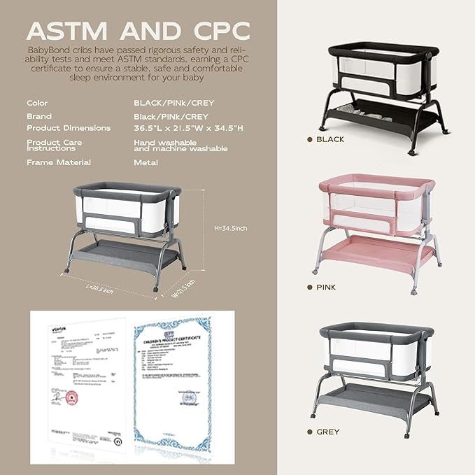 BabyBond Baby Bassinet, 3 in 1 Bassinet Bedside Sleeper with Washable Soft Mattress and Sheet, 6 Height Adjustable Bedside Crib, 4-Sided Mesh Bedside Bassinet for Baby