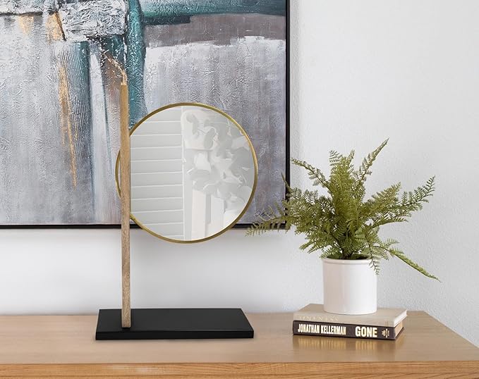 Howard Elliot Skoda Round Table Top Mirror with Stand, Table Desk Vanity Makeup Mirror with Stainless Steel Brushed Brass Frame & Mango Wood Base, Modern Accent Mirror Decor, Brass, 28.5 x 18 Inch