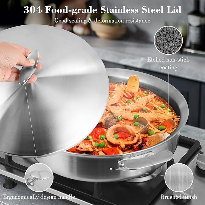 12 Inch Frying Pan with Lid Saute Pan 5.2 QT Deep skillet for Stir-Fry & Searing, Tri-ply Stainless Steel Nonstick Non Toxic Non Toxic, PTFE&PFOA Free, Induction, Oven & Dishwasher Safe