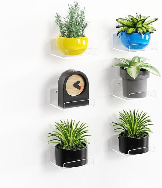 upsimples 6 Pack Acrylic Small Shelves, Floating Wall Shelves for Small Space, Display Shelf Organizer for Plants, Speaker, Toys, 4'' x 4'', Clear