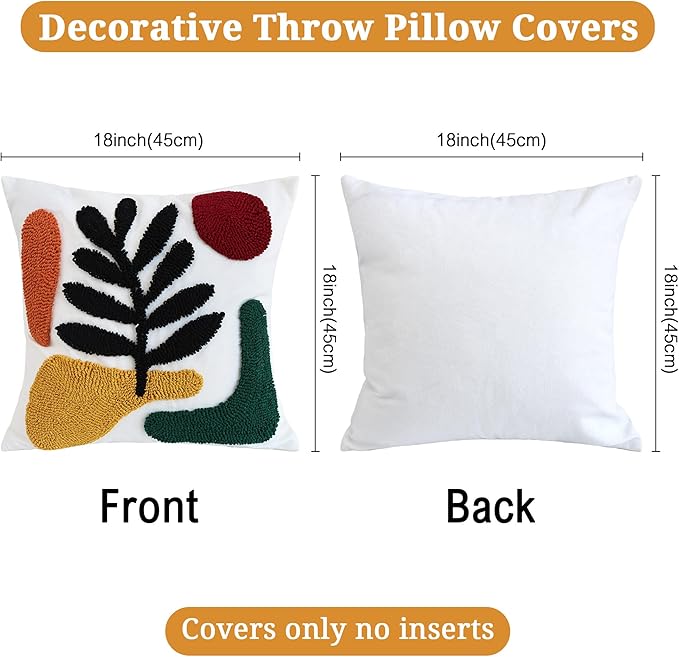 Boho Accent Pillow Covers 18x18- Tufted Abstract Modern Square Throw Pillow Covers, Farmhouse Decorative Pillowcase for Couch, Sofa, Bed, Living Room-Dark Green Khaki Red Geometric Black Leaf