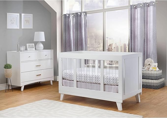 Sorelle Furniture Uptown Panel Crib, Modern Wood and Clear Acrylic Baby Crib, Made of Wood and Easy to Clean Acrylic, Non-Toxic Finish, Contemporary Baby Bed-White