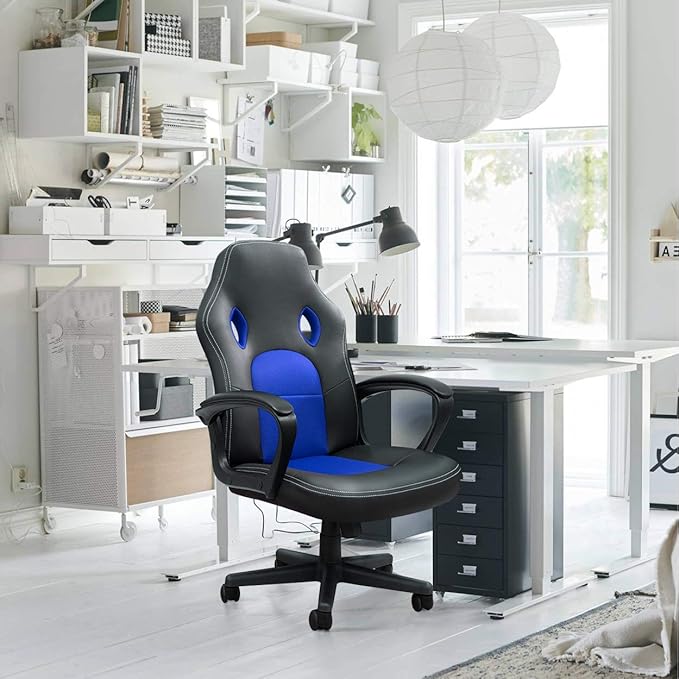 Furmax Blue Leather Office Chair with Adjustable Swivel Base, Padded Armrests and Lumbar Support