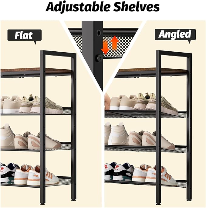 Shoe Rack for Front Door Entrance, 4 Tier Shoe Rack for Entryway, 12-16 Pairs of Shoes, Metal Shoe Rack Organizer, Free Standing Shoe Rack for Closet (Black+Rustic Brown)