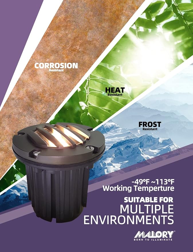 MALORY Brass Top Cover Landscape Well Lights,(5''H) 12V Low Voltage Outdoor In Ground Lights,Landscape Lighting for Pathway, Driveway and Garden 10 Pack with MR16 Bulb (Grated Top, 10-Pack with Bulb)