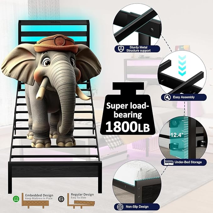 Twin Bed Frame with LED Lights & Charging Station, Storage Headboard, Heavy Duty Metal Slats, No Box Spring Needed, Noise-Free, Easy Assembly, Black