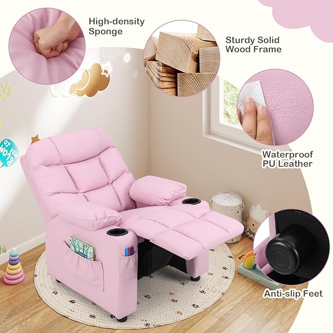 Kids Recliner, Kids Recliner Chair w/ 2 Cup Holders, PU Leather Kids Chairs Comfy w/Adjustable Backrest & 3 Pockets, Toddler Furniture Sofa for Boys Girls Aged 3+ (Pink)