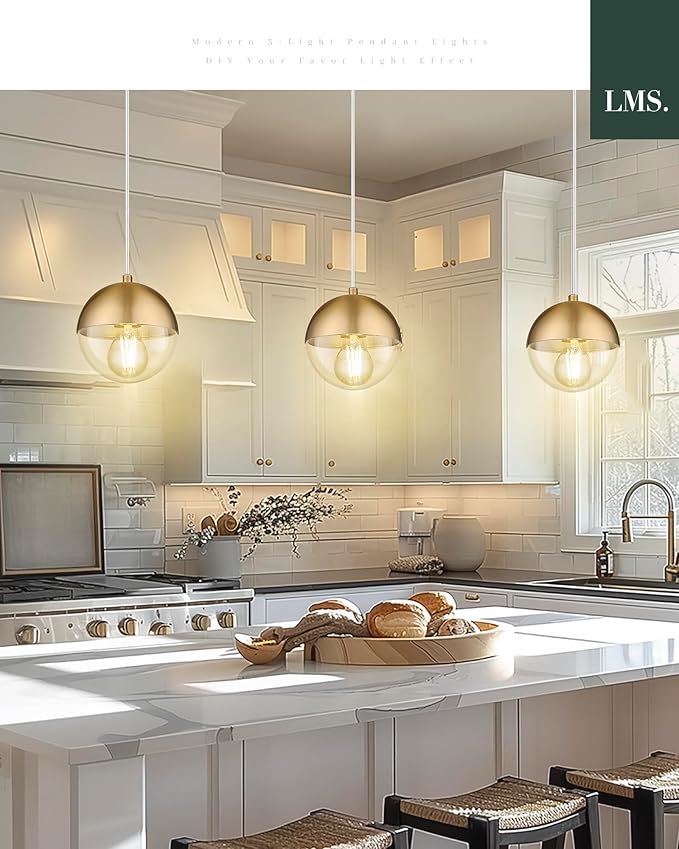 LMS 6-inch Modern Pendant Light, Brushed Gold Industrial Kitchen Island Pendant Light with Clear Globe Glass, Adjustable Hanging Pendant Light Fixtures for Dining Room Living Room, LMS-186BGCS