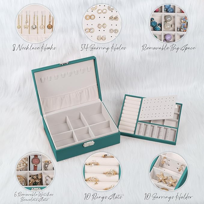 Jewelry Box for Women Girls, 2 Layers Jewelry Organizer Container with Lock, PU Leather Storage Case with Removable Tray, Jewelry Display Box for Necklaces Earrings Bracelets Rings Watches (Green)