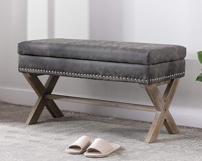 chairus PU Leather Upholstered Storage Entryway Bench, 36 inch Bedroom Bench Seat with X-Shaped Wood Legs for Living Room, Foyer or Hallway - Gray