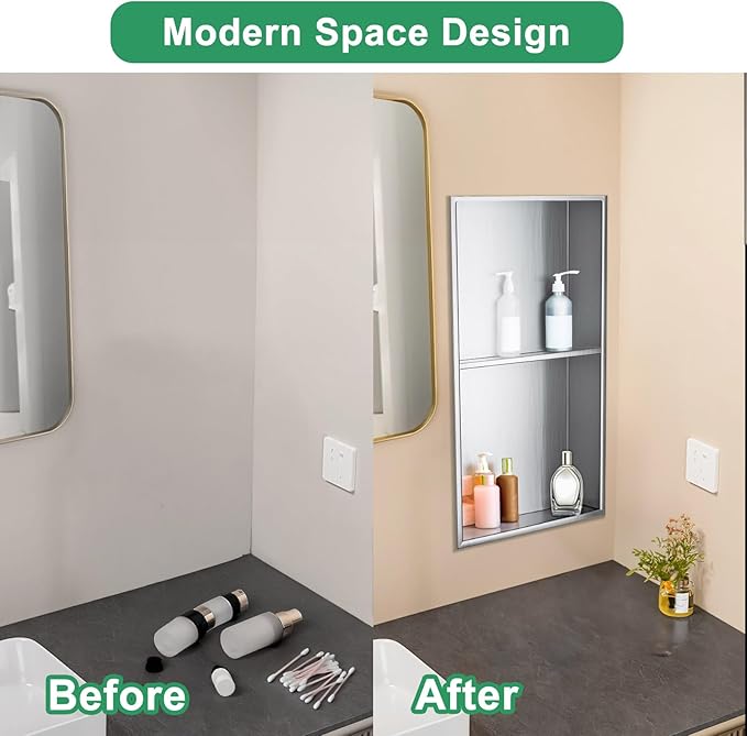 SaniteModar Shower Niche, Stainless Steel Shower Niche 12" X 24" No Tile Needed, Recessed for Bathroom Storage, Brushed Silver Double (Brushed Silver, 12x24,Double)