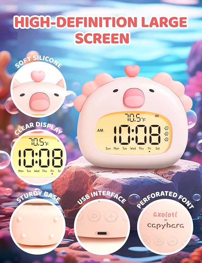 Axolotl Alarm Clock with Night Light for Kids Girls, Cute Pink Axolotl Lamp Digital Clocks, Timer, 3 Alarms, Date & Day, USB Rechargeable Bedrooms Decor Party Favors