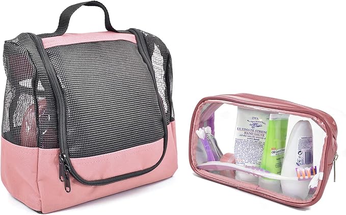 The Fine Living Co. USA Portable Hanging Shower Caddy Organizer with 1 Free Toiletries Case, Quick Dry Mesh Shower Caddy Tote Bag Included 1 Metal Hook, Perfect for Dorm, Camp, Travel, Gym, Pink