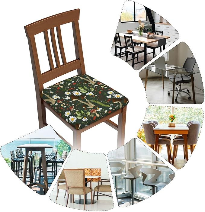Seat Covers for Dining Room Chairsset of Set of 4, Green Flower Mushroom Daisy Camouflage Floral Stretch Chair Seat Covers Cushion Slipcovers for Kitchen Office