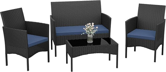 Kurapika Patio Furniture Set 4 Pieces Outdoor Wicker Rattan Chairs Conversation Sets w/Coffee Table, Rocking Bistro Set, for Patio Backyard Lawn (Navy Blue)