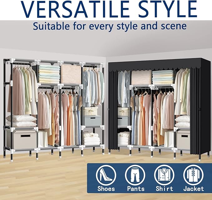 LOKEME Portable Closet, 67 Inch Wardrobe Closet for Hanging Clothes with 4 Hanging Rods, 25mm Steel Tube Clothes Storage Organizer for Extra Sturdy, Quick and Easy to Assembly, Black Cover