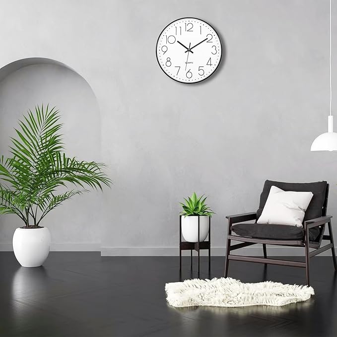 Foxtop 14 Inch Black Wall Clock, Large Silent Non-Ticking Battery Operated Round Quartz Modern Wall Clock Decorative for Office Living Room Bedroom Kitchen Home