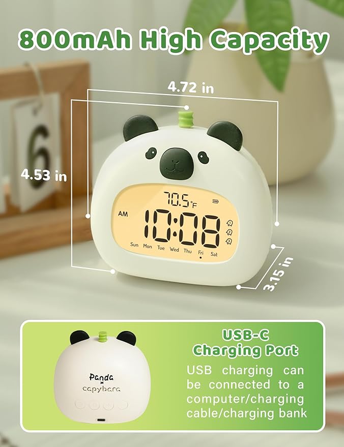 Panda Sleep Trainer Alarm Clock for Kids, LCD Night Light Dimming, USB Rechargeable, 3 Alarms Timer Wake up Helper for Boys & Girls Bedroom Decor Gifts