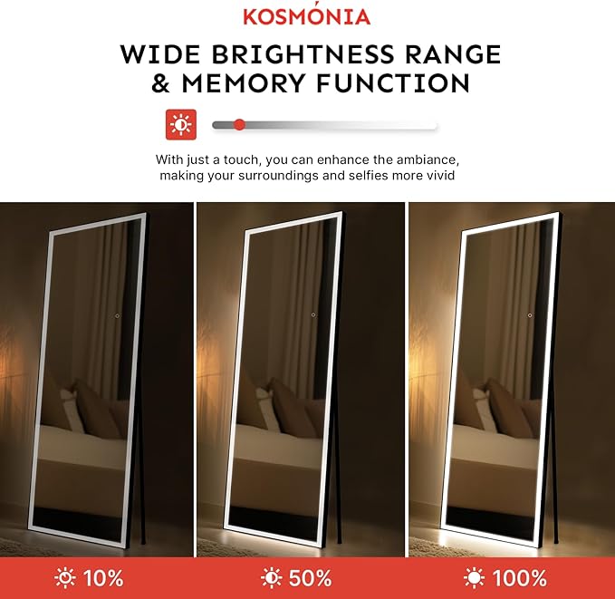 68x20 Full Length Mirror, Dimmable 3 Color LED Light w/Light Memory, Distortion Free Silver Coating Mirror, HD Reflection &Anti Desilvering,Tempered Glass &Shatter Proof Film Doubles Safety