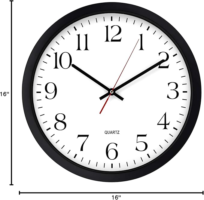 Bernhard Products Black Wall Clock 2 Pack, Silent Non Ticking - 16 Inch Extra Large Quality Quartz Battery Operated Round Easy to Read Home/Office/Business/Kitchen/Classroom/School Clocks