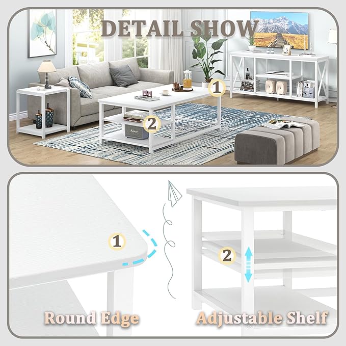 EXCEFUR White Coffee Table, Modern Rustic Wood Center Table with Storage for Living Room, Industrial Rectangle Cocktail Tea Table, 47 Inch