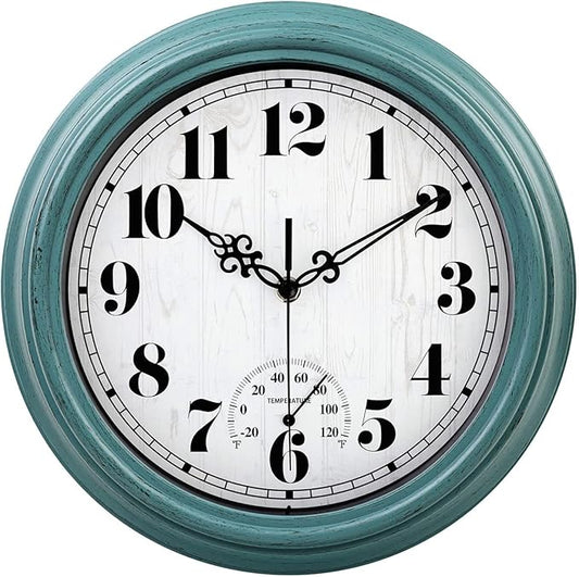 zyzamay 12 Inch Indoor Outdoor Clocks,Waterproof Wall Clock with Thermometer,Easy to Read,Non-Ticking Battery Operated Quality Quartz Clock, Decorative for Patio,Porch,Pool,Bathroom,Deck(Green)