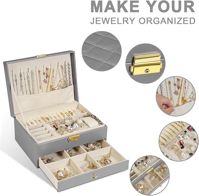 Jewelry Box for Women Girl Wife - Large PU Leather Jewelry Organizer Storage Case with Two Layers Display for Earrings Bracelets Rings Watches (Grey)