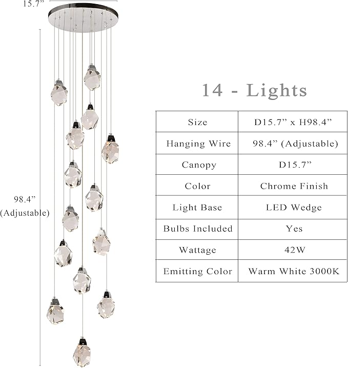 Modern Farmhouse Chandelier Lighting, Luxury Round Hanging Lamp with Chrome, Large Dimmable Crystal Pendant Lights Fixtures for Living Room Dining Room Staircase Hotel (Round 14-Lights)