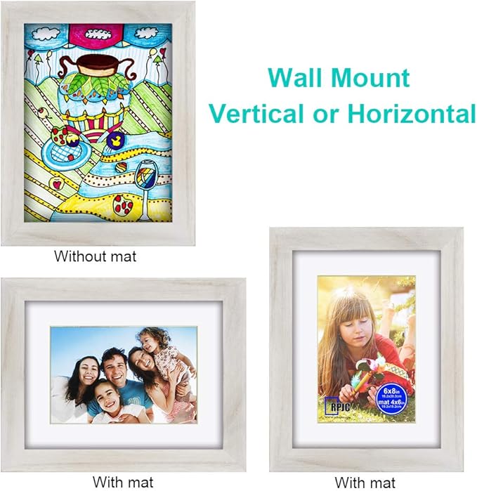 RPJC 6x8 inch Picture Frame Made of Solid Wood and High Definition Glass Display Pictures 4x6 with Mat or 6x8 Without Mat for Wall Mounting Photo Frame Rustic White