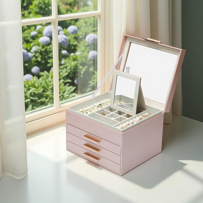 BOOVO Clear Lid Jewelry Box,3 Layers Jewelry Organizer Large Jewelry Storage Box with 2 Drawers,Jewelry Holder Organzier of Rings Earrings Necklace Bracelets for Women (Rose Gold, 4 Layer)