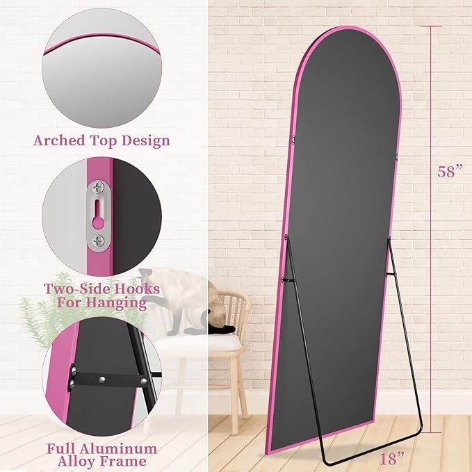Full Length Mirror with Stand, 58"x18" Arched Full Body Mirror, Large Stand Up Aluminum Frame Floor Freestanding Hanging Leaning Mounted for Bedroom Living Room Entryway Pink