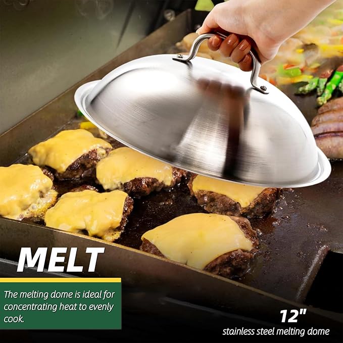 12 Inch Melting Dome with Round Cast Iron Smash Burger Press for Blackstone Griddle, Commercial Grade Heavy Duty Griddle Dome and Cast Iron Grill Burger Press for Flat Top Griddle Grill