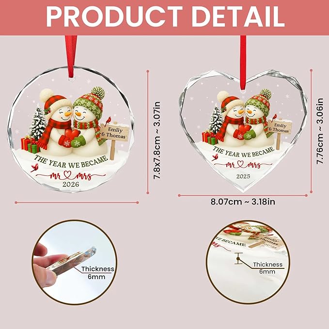 NAZENTI Personalized Snowman Couple Ornament 2025, Custom Glass Christmas Ornaments with Names, Snowman Lovers Holiday Decoration, Romantic Gift for Couples Newlyweds Keepsake 06