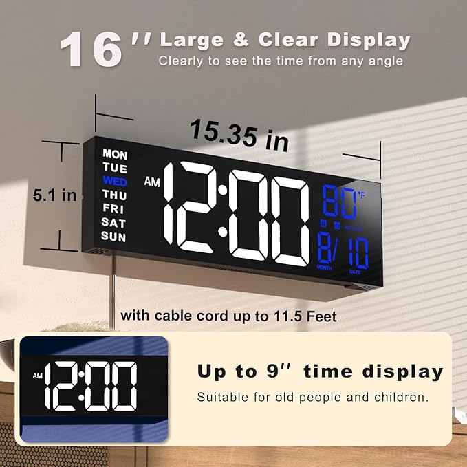 JALL 16" Large Digital Wall Mount Clock, Count Down Timer, Alarm, Big LED, RGB Color, DST, Temperature for Living Room Classroom Desk, Xmas, Birthday Gift for Senior Mom Dad (White Blue, 16 inches)