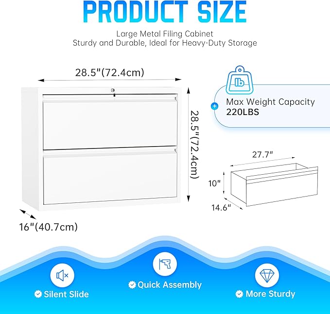 Greenvelly 2 Drawer Filing Cabinet, White Lateral File Cabinet with Lock, Metal File Cabinets with Adjustable Hanging Bars&2 Keys, Locking File Cabinet for Home Office, Legal/F4/Letter, Etc