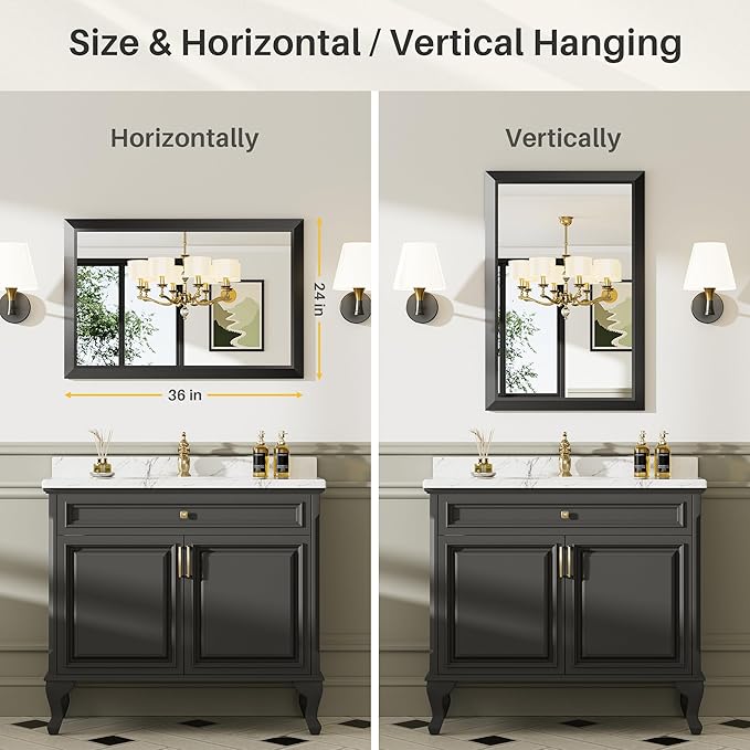 24x36 Inch Black Bathroom Mirror for Wall, Thick Metal Framed Rectangle Mirrors for Over Sink, Bedroom, Living Room, Entryway, Anti-Rust, HD Tempered Glass