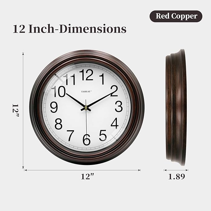TAHEAT Vintage Wall Clock, 12 Inch Red Copper Easy to Read Battery Operated Quartz Wall Clock Decorative for Kitchen Living Room Bedroom Office School