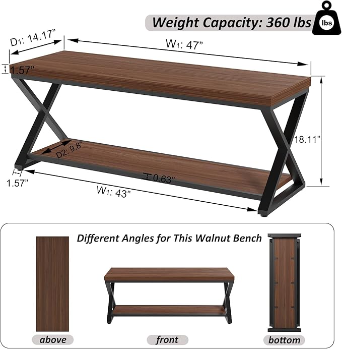 IBF Wood Entryway Bench Indoor, Industrial Wooden Metal Entry Shoe Storage Bench in Bedroom, Farmhouse Hallway Shoe Rack Bench Seating for Foyer Living Dining Room End of Bed, Walnut, 47 Inch