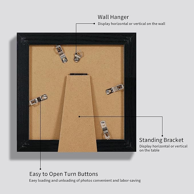 6x6 Picture Frame Set of 4 with High Definition Glass, Black Frames Display 4x4 Picture with Mat or 6 x 6 Without Mat, Square Wood Photo Frame for Wall Mount and Tabletop Display